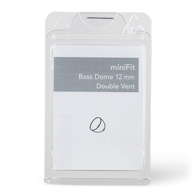 A clear plastic package labeled Bernafon MiniFit Bass Dome Double features a dome-shaped earbud tip illustration on the front.