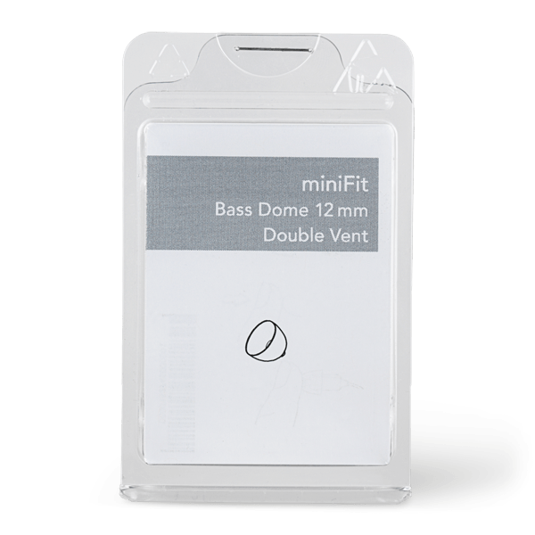 A clear plastic package labeled Bernafon MiniFit Bass Dome Double features a dome-shaped earbud tip illustration on the front.