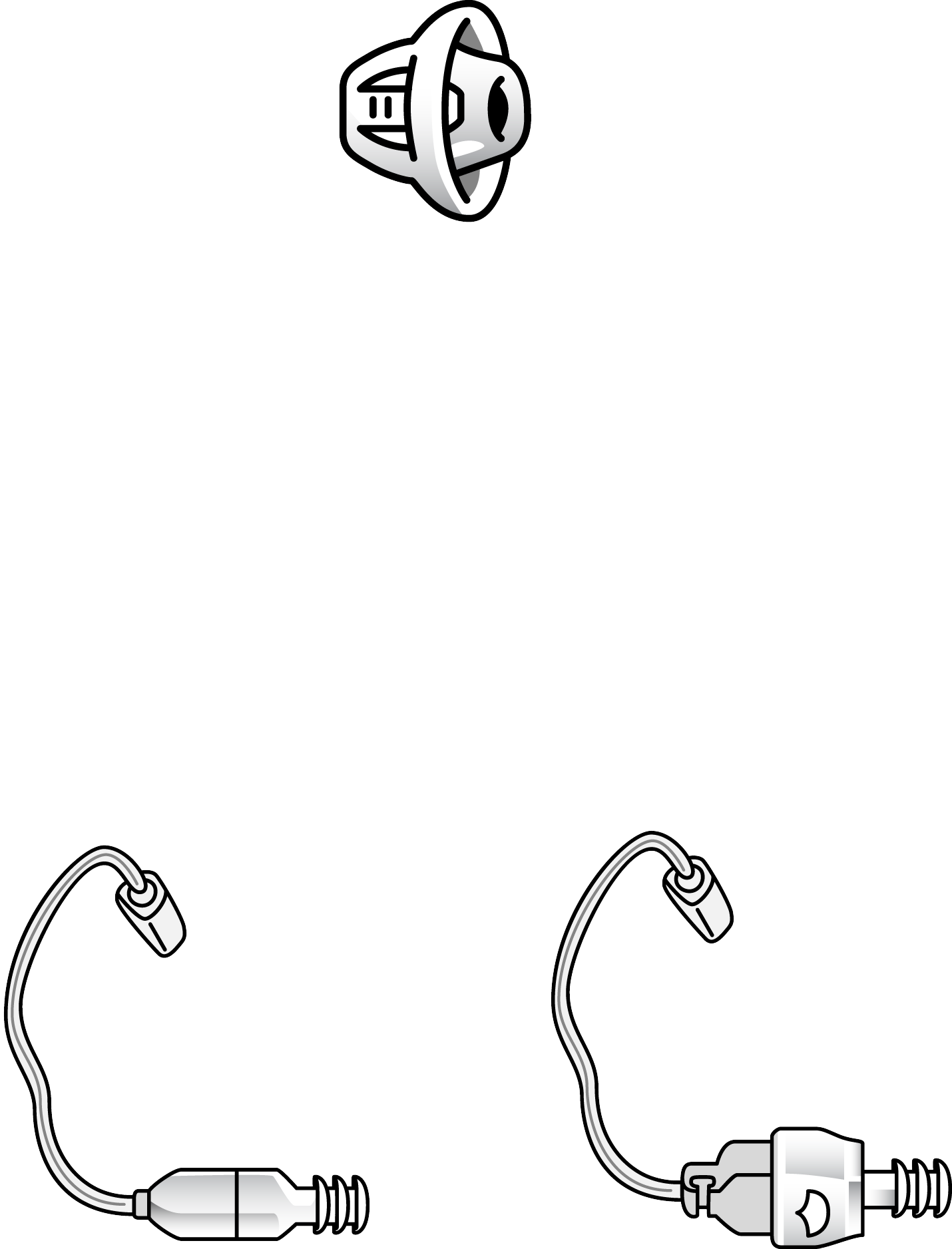 Black and white illustration of a Dome ThinTube ear tip at the top and two Receiver Size 5 Small hearing aids with attached earmolds at the bottom, both facing inward. Product: Dome ThinTube & Receiver Size 5 Small.