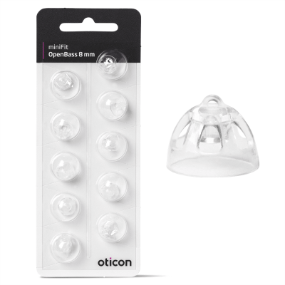 A pack of 10 clear, dome-shaped Oticon miniFit OpenBass 8mm hearing aid ear tips, with one ear tip displayed separately beside the packaging.