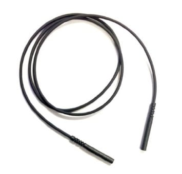 A black skipping rope with cylindrical handles, loosely coiled on a white background, resembling the streamlined shape of the Neck-Loop Antenna - uDirect.