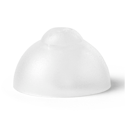 A clear, dome-shaped silicone bumper with a smaller raised dome on top, designed to protect surfaces—resembling the Bernafon Dome small vent Spira Flex.