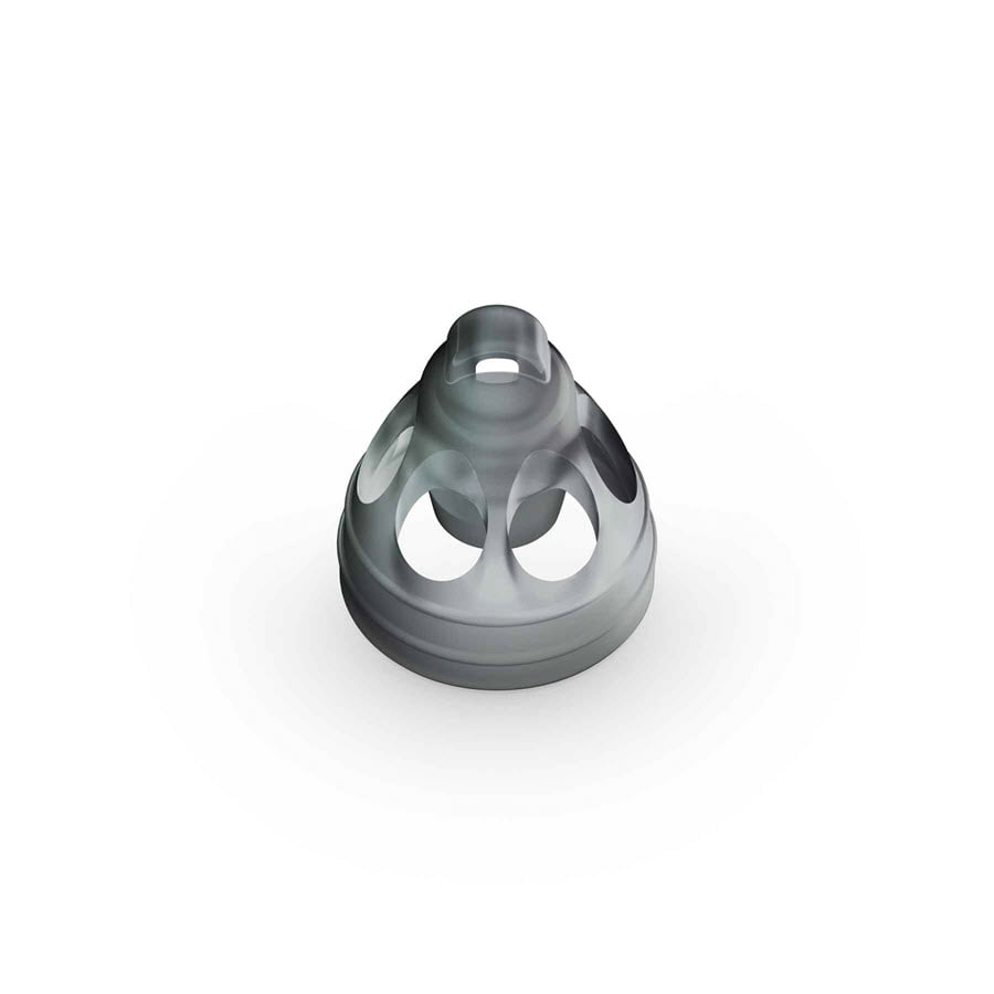 The Open Smokey Dome is a gray, cone-shaped silicone mask accessory with a circular base and several oval side cutouts, pictured on a white background.