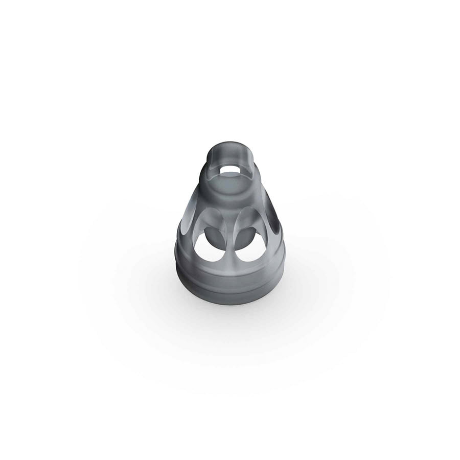 The Open Smokey Dome is a gray, conical, hollow plastic object with geometric cutouts, shown from above on a white background.