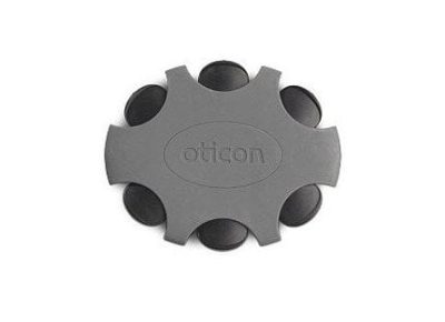A gray, gear-shaped holder for Oticon ProWax miniFit features six black battery compartments along the edges and 