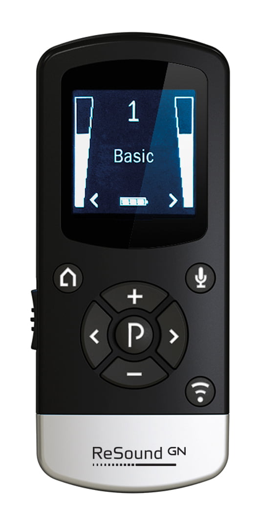 The ReSound Remote Control 2 is a black and silver device with a screen showing "1 Basic," battery status, and volume bars. It has buttons for power, volume, microphone, and navigation arrows.
