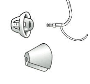 Illustration of three hearing aid parts: Dome (thin tube), a conical ear tip, and a tube with a connector.
