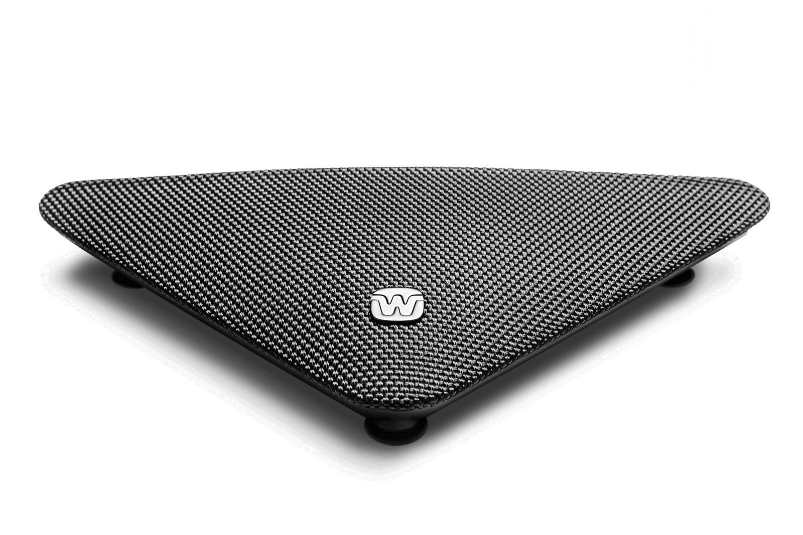 The Widex TV Play is a black, triangular, textured footrest with rounded corners and a central “W” logo, supported by three small spherical feet on a white background.