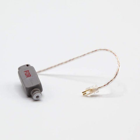 A small gray electronic component labeled PAR, the Easywear wired RIC (P-Receiver), with a short, thin wire ending in a clear plastic connector, is shown on a plain white background.