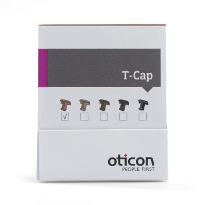 A white Oticon T-Cap package shows five illustrated Oticon T-Caps in various colors, with the first one checked. The Oticon logo and