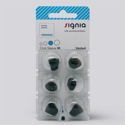 A package of Signia Click Sleeve (Vented) includes six black silicone hearing aid sleeves in clear plastic compartments with blue and white labeling on top.