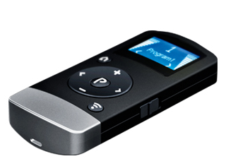 The ReSound Remote Control 2 is a compact, black rectangular device with a silver edge, featuring a screen showing Program 1 and circular control buttons marked with plus, minus, and P symbols.