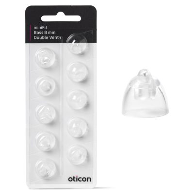A package of Oticon miniFit Bass-Dome (double vent) hearing aid domes, featuring ten clear silicone 8 mm domes in blister packaging, with one dome shown separately on the right.