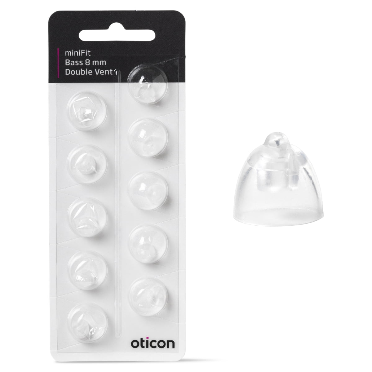 A package of Oticon miniFit Bass-Dome (double vent) hearing aid domes, featuring ten clear silicone 8 mm domes in blister packaging, with one dome shown separately on the right.