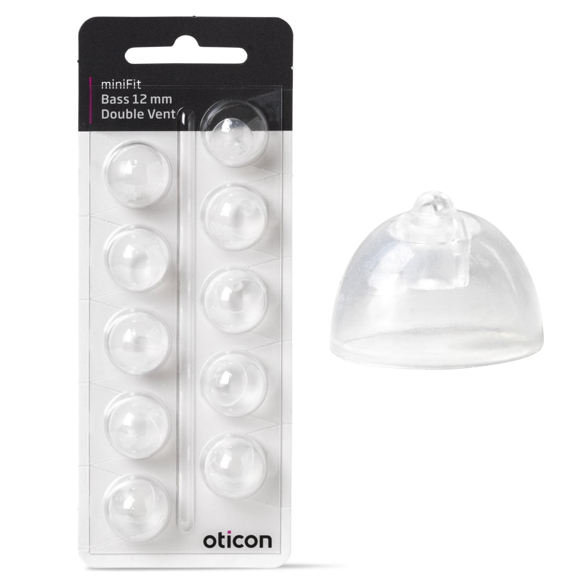 A blister pack of eight Oticon miniFit Bass-Dome (double vent) 12 mm hearing aid tips, with one transparent, dome-shaped tip shown outside the packaging for detail.