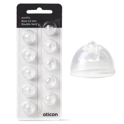 A package of eight Oticon miniFit Bass-Dome (double vent) 12 mm hearing aid domes, with one dome shown separately on the right.