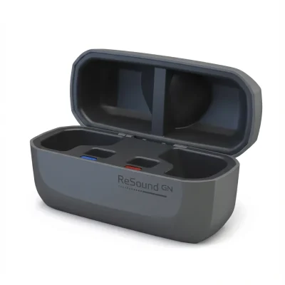 An open ReSound Standard Charger Vivia microRIE 60s shows two compartments with red and blue markings for left and right hearing aids.